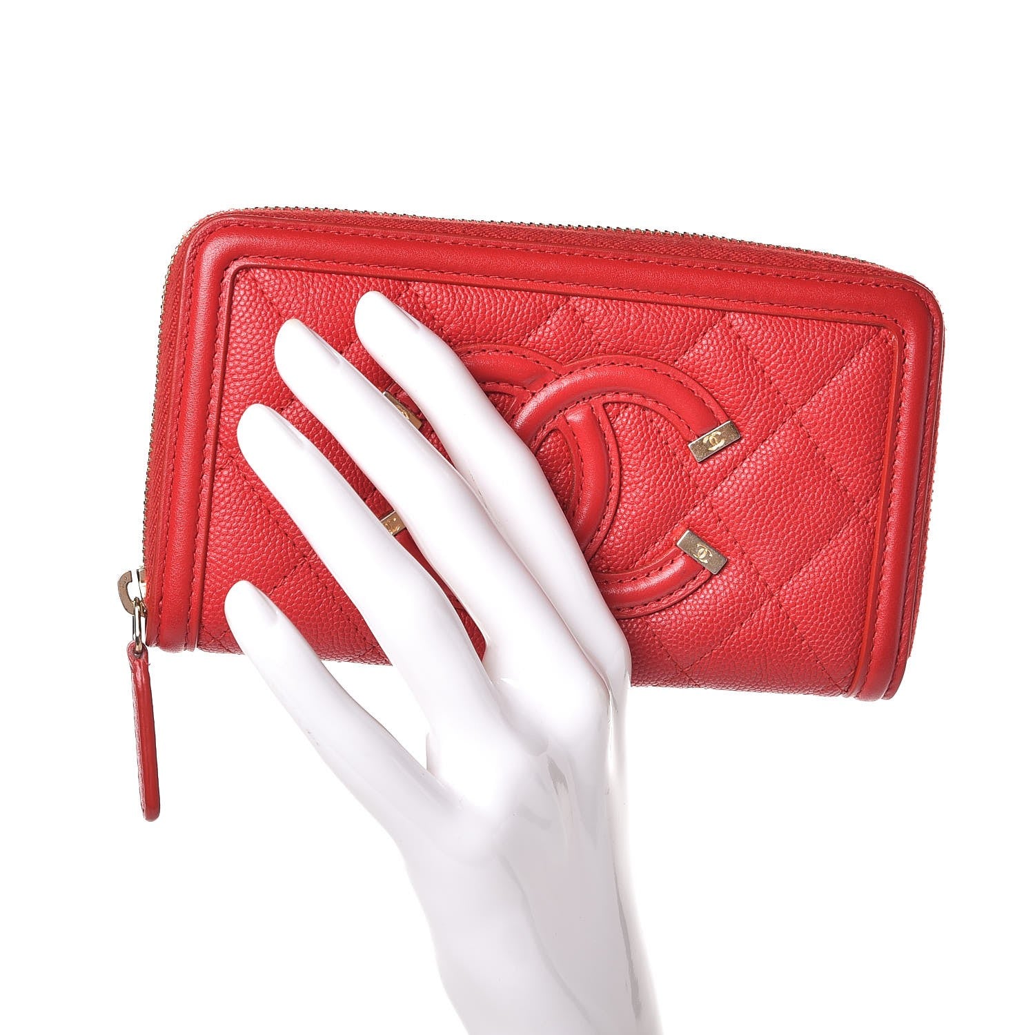 Chanel Caviar Quilted Small Filigree Zip Around Wallet Red 2 of 10