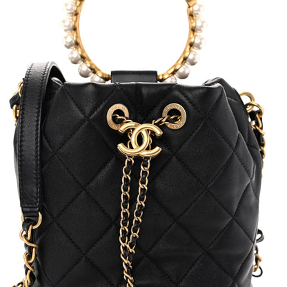 Chanel Lambskin Quilted Pearl Crown Drawstring Bag Black 8 of 10