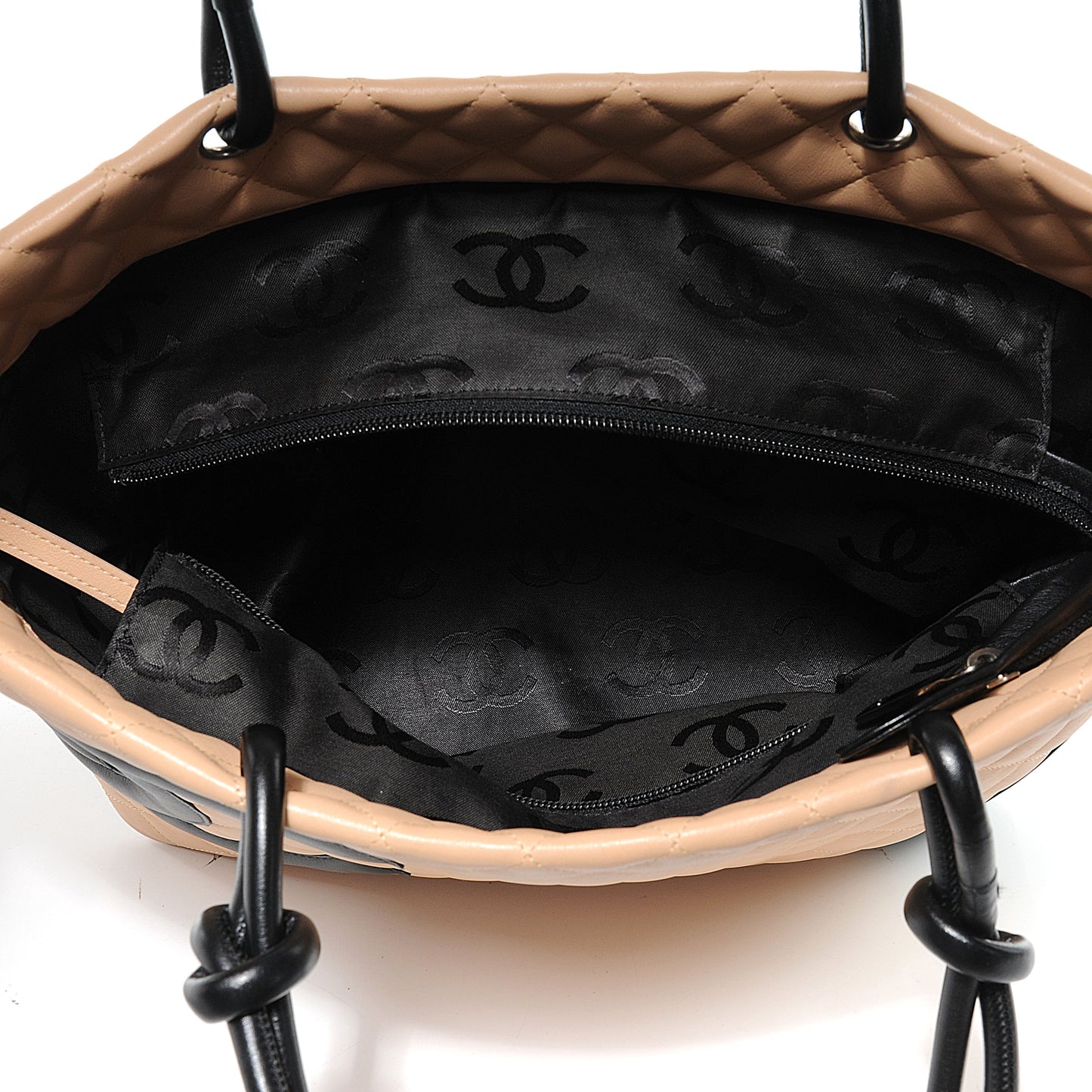 Calfskin Quilted Large Cambon Tote Beige Black