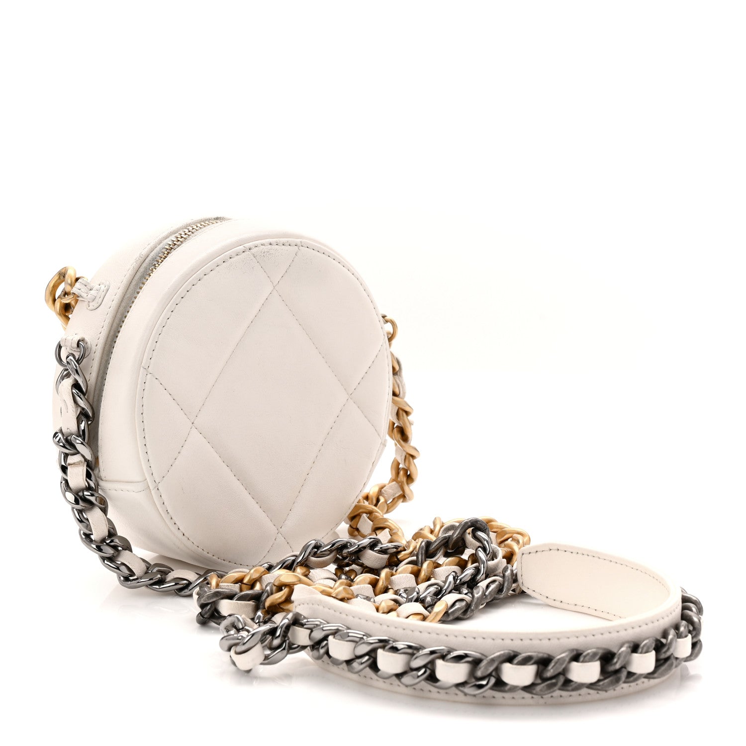 Chanel Shiny Goatskin Quilted Chanel 19 Round Clutch With Chain White 3 of 12