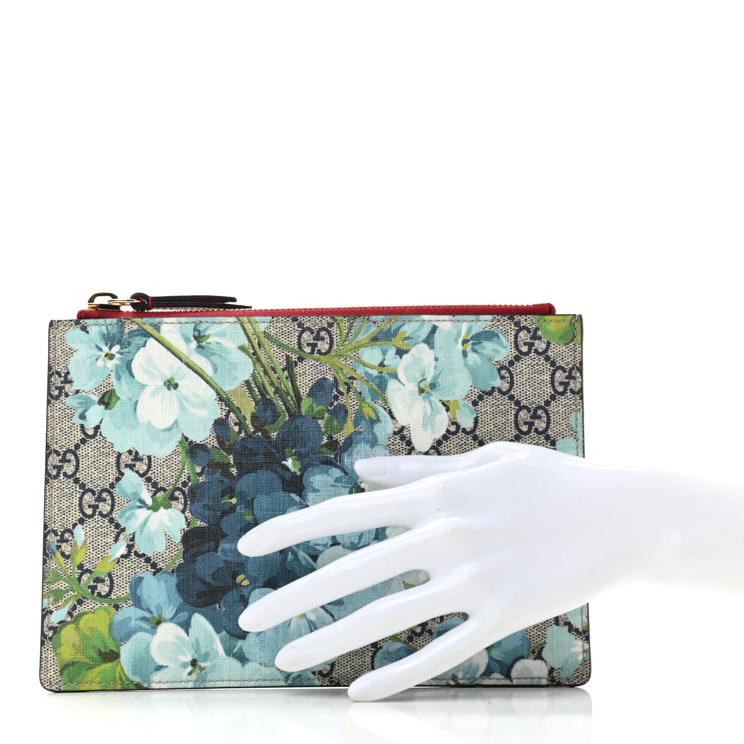Gucci GG Supreme Monogram Blooms Small Zip Pouch Beige Blue Hibiscus Red 2 of 7