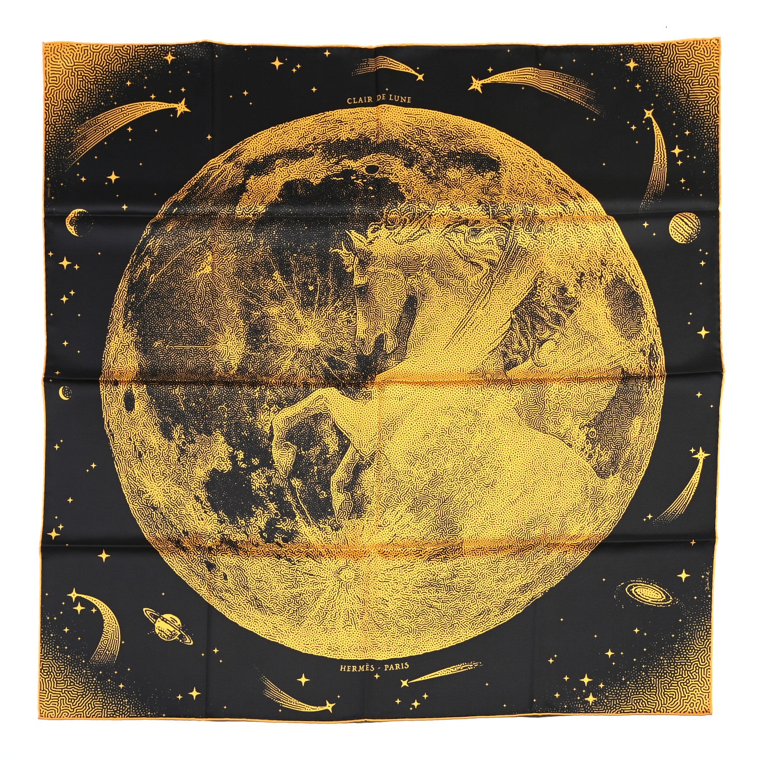 Hermes Silk Clair De Lune Double Face Scarf 90 Black Jaune D'Or Bleu 1 of 9