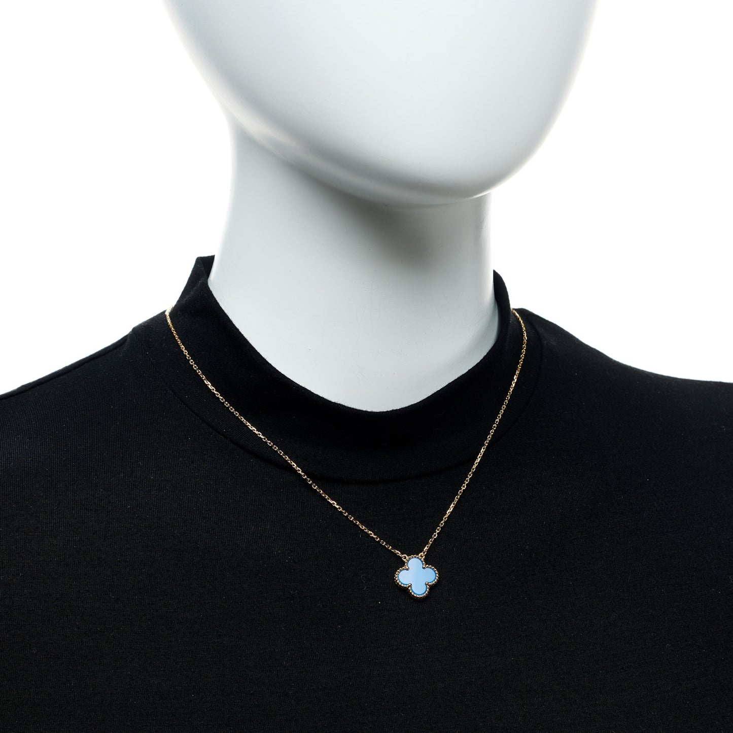 18K Yellow Gold Blue Agate Vintage Alhambra Pendant Necklace