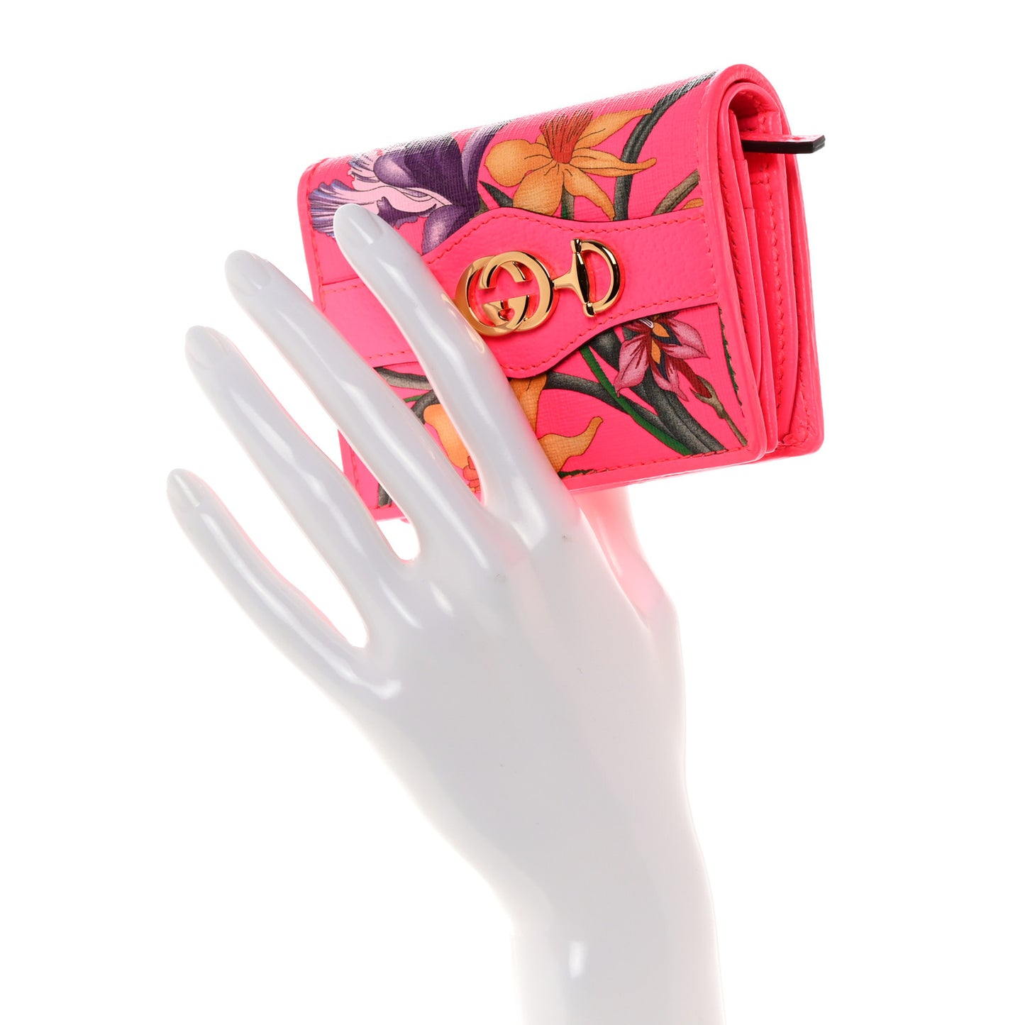 Calfskin Flora Print Zumi Card Case Fuxia Fluo