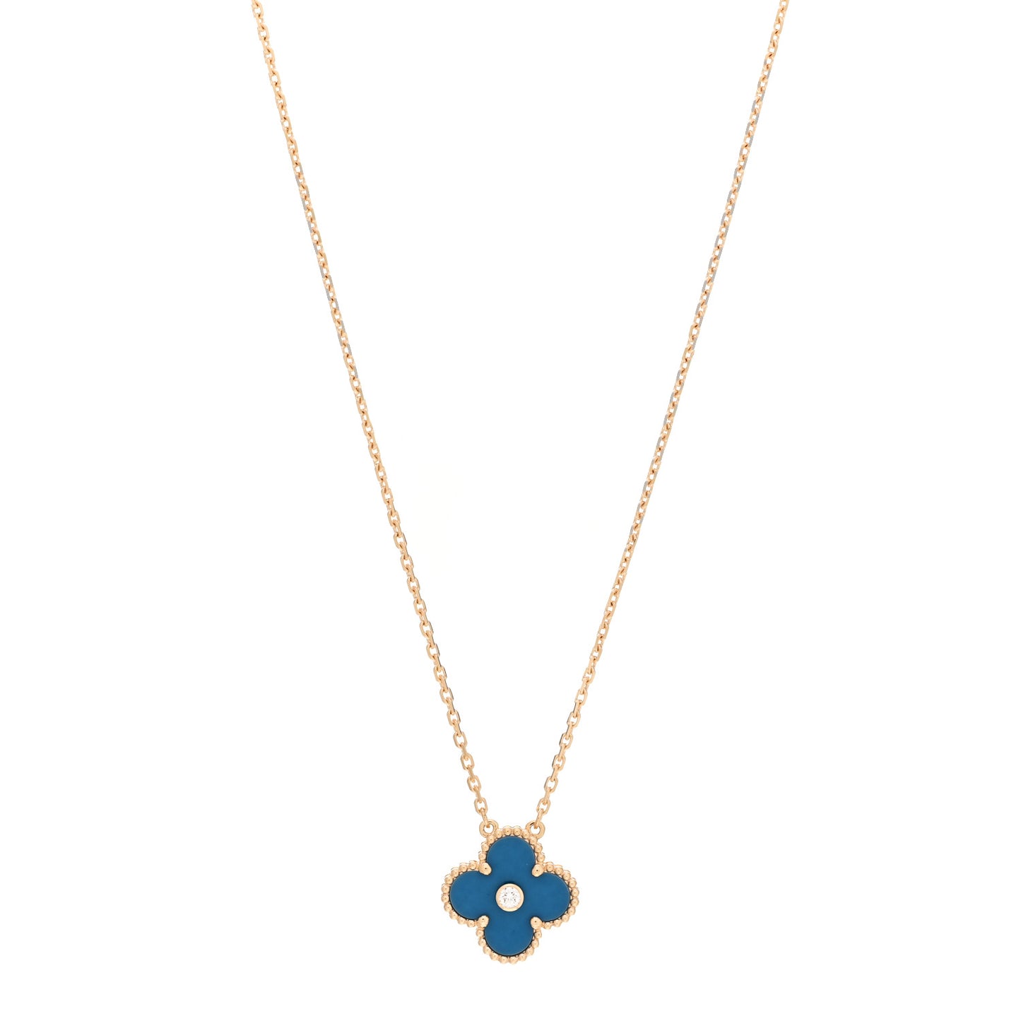 18K Yellow Gold Diamond Celestial Blue Sevres Porcelain Vintage Alhambra Pendant Necklace