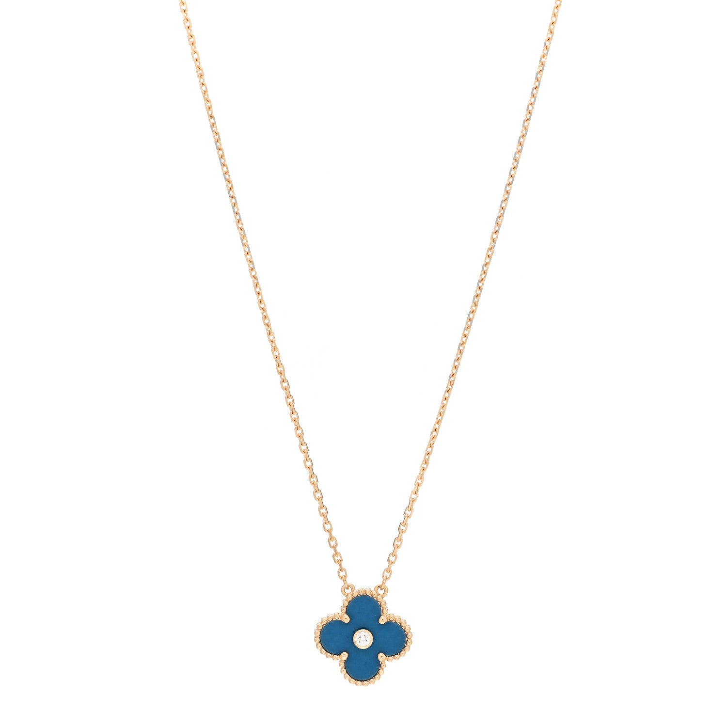 Van Cleef & Arpels 18K Yellow Gold Diamond Celestial Blue Sevres Porcelain Vintage Alhambra Pendant Necklace 1 of 4