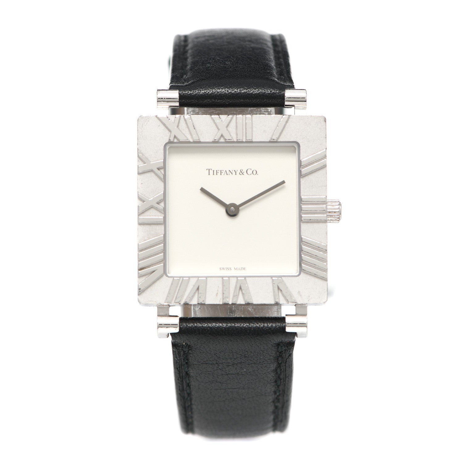 Tiffany Sterling Silver Calfskin 27mm Atlas Square Quartz Watch 1 of 4