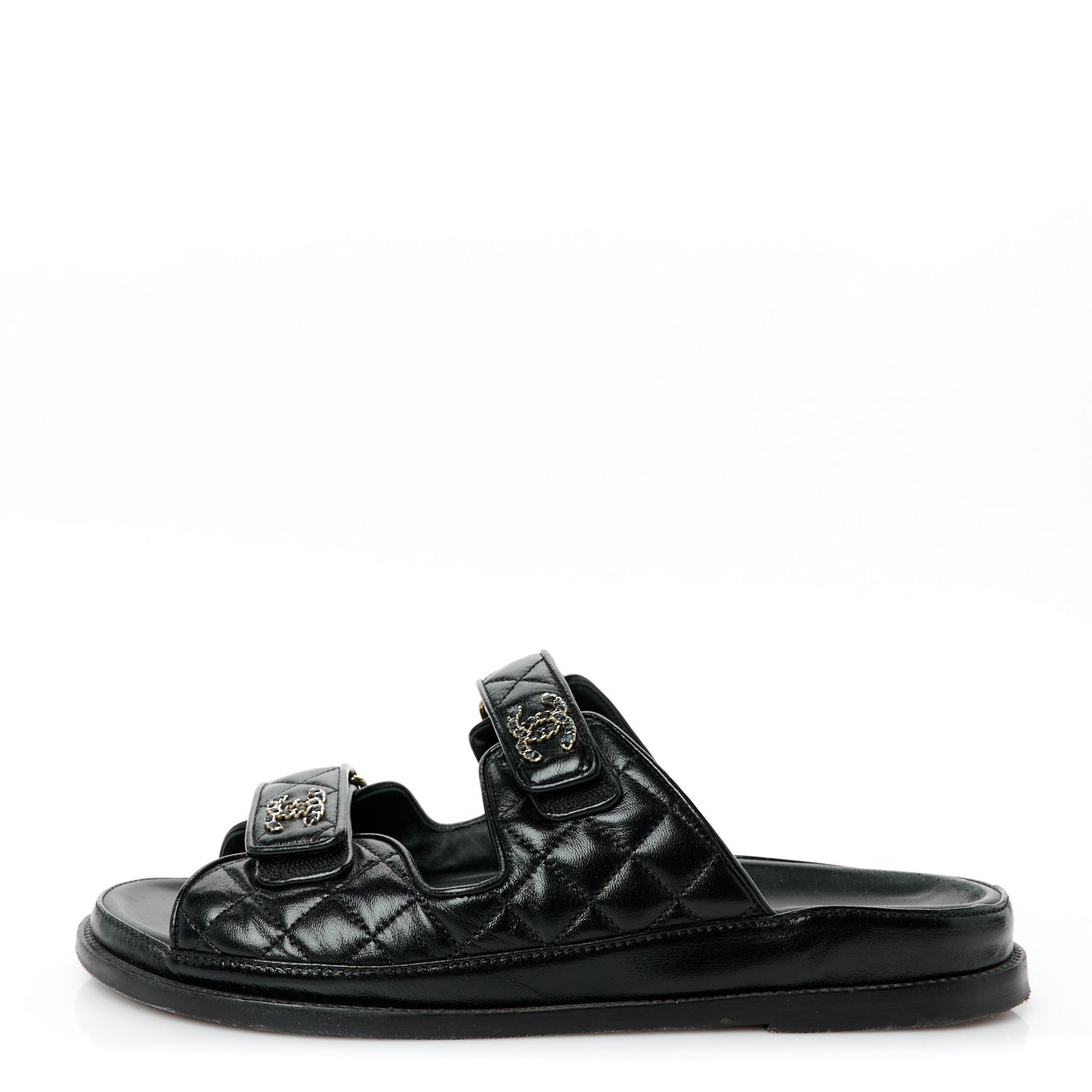 Lambskin Quilted Velcro Dad Chain CC Slide Sandals 41 Black