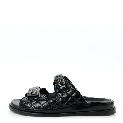 Chanel Lambskin Quilted Velcro Dad Chain CC Slide Sandals 41 Black 1 of 10