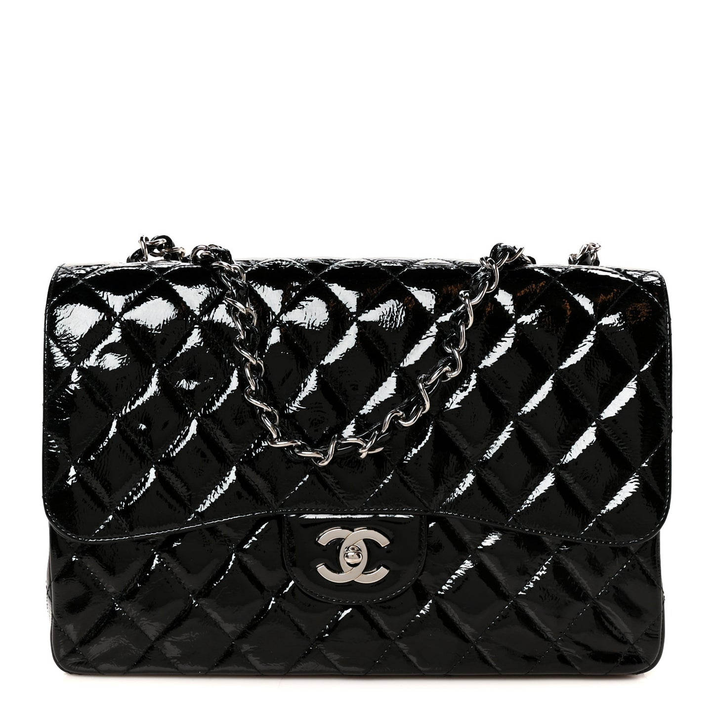 Distressed Patent Quilted Jumbo Single Flap Black