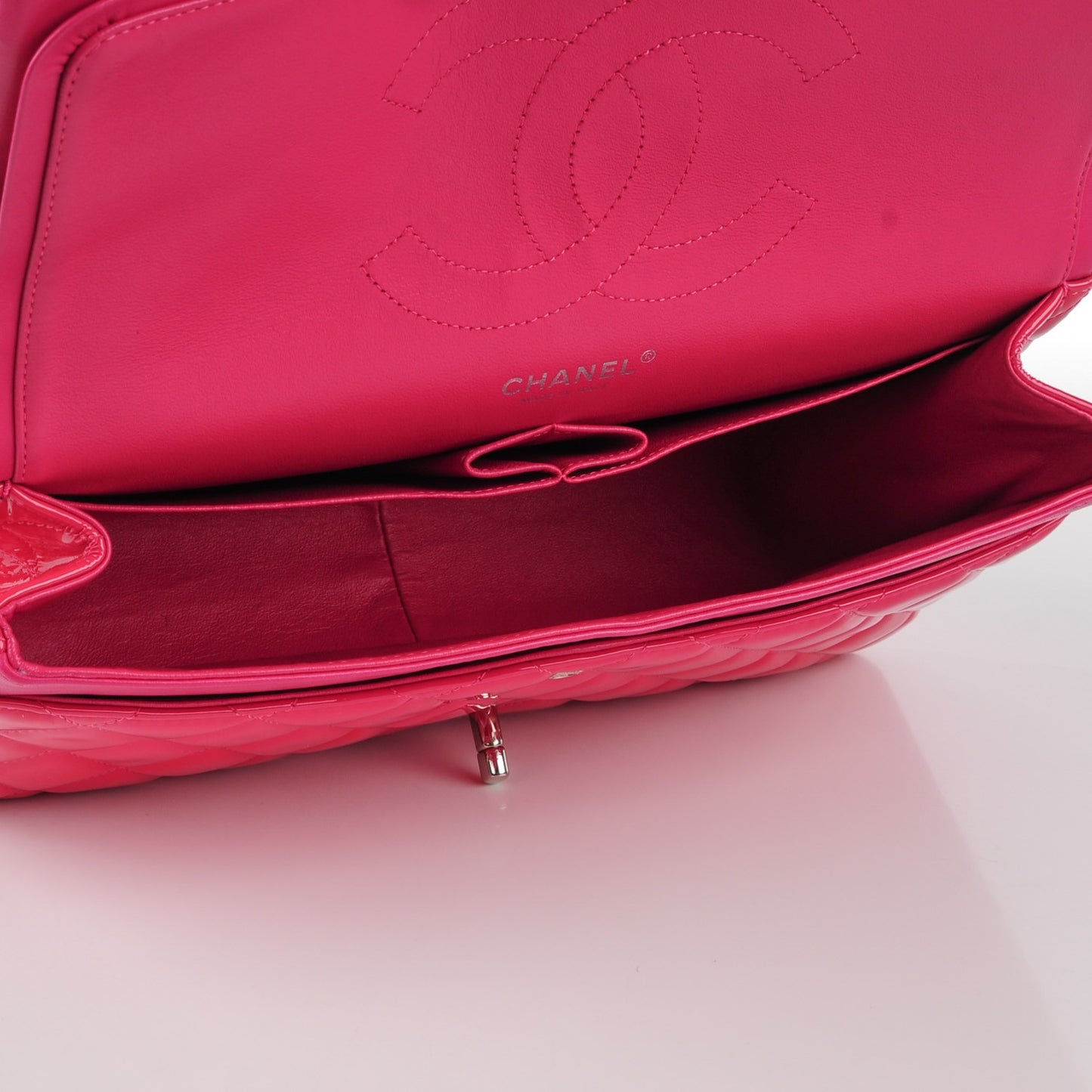 Patent Calfskin Quilted Jumbo Double Flap Fuchsia