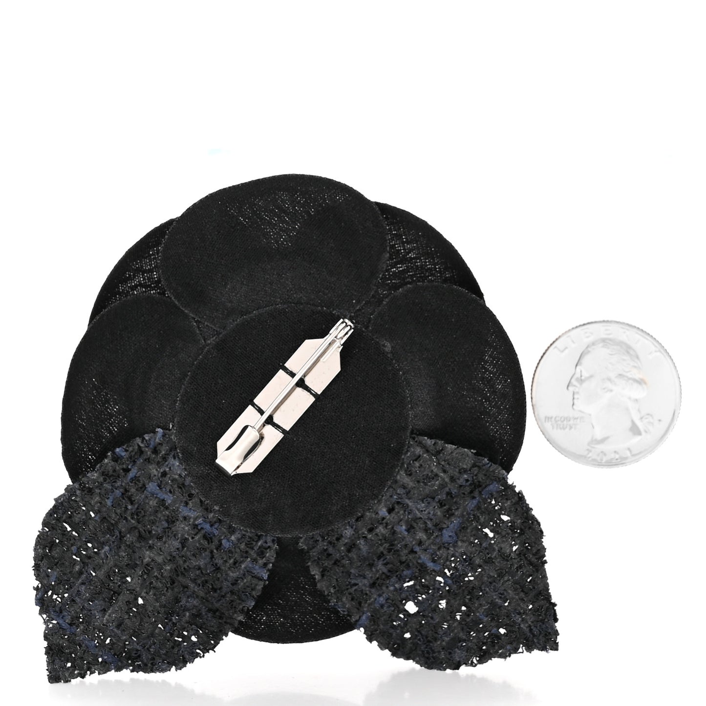 Tweed Fabric Camellia Pin Brooch Navy Blue Black