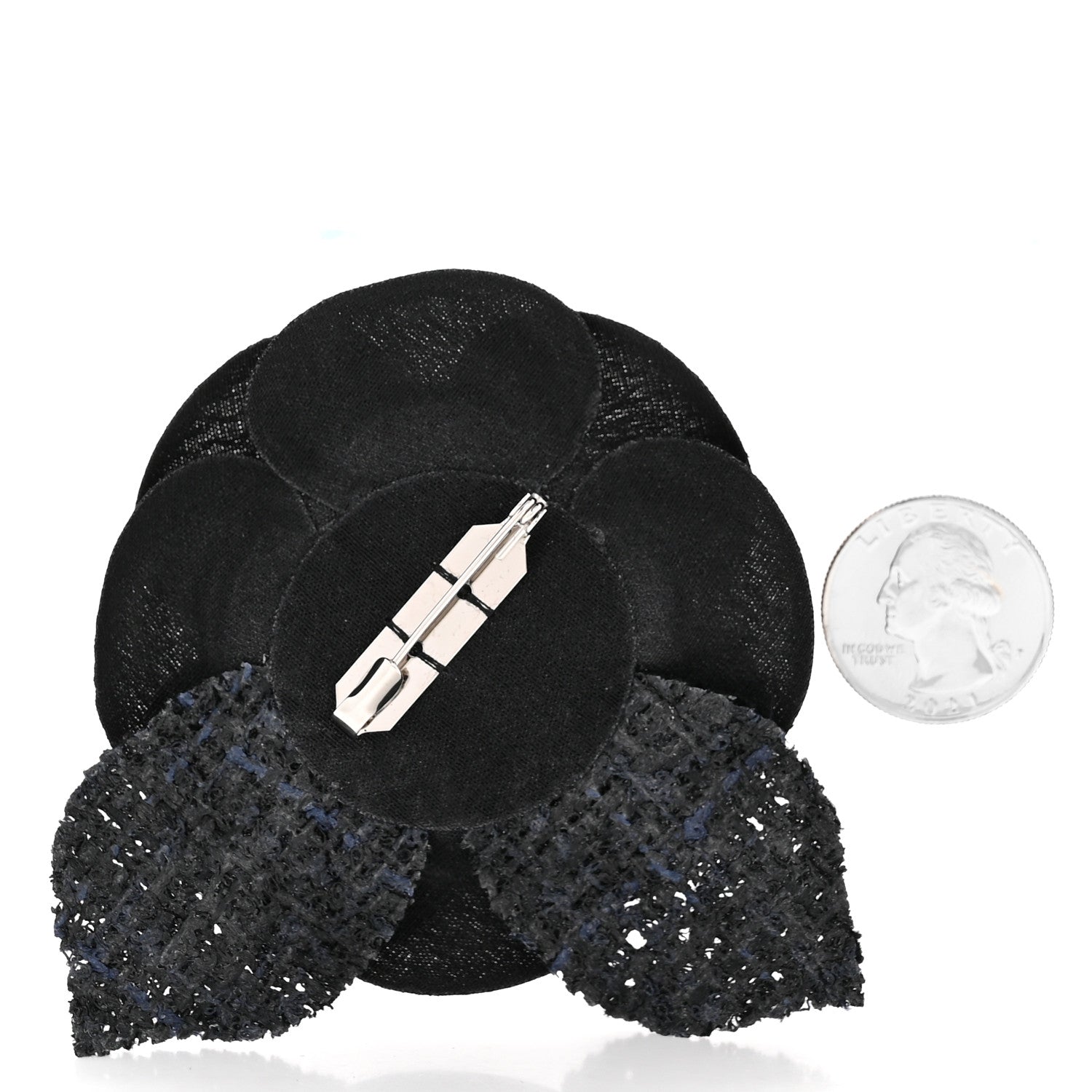 Chanel Tweed Fabric Camellia Pin Brooch Navy Blue Black 2 of 3