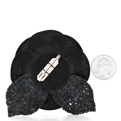 Chanel Tweed Fabric Camellia Pin Brooch Navy Blue Black 2 of 3