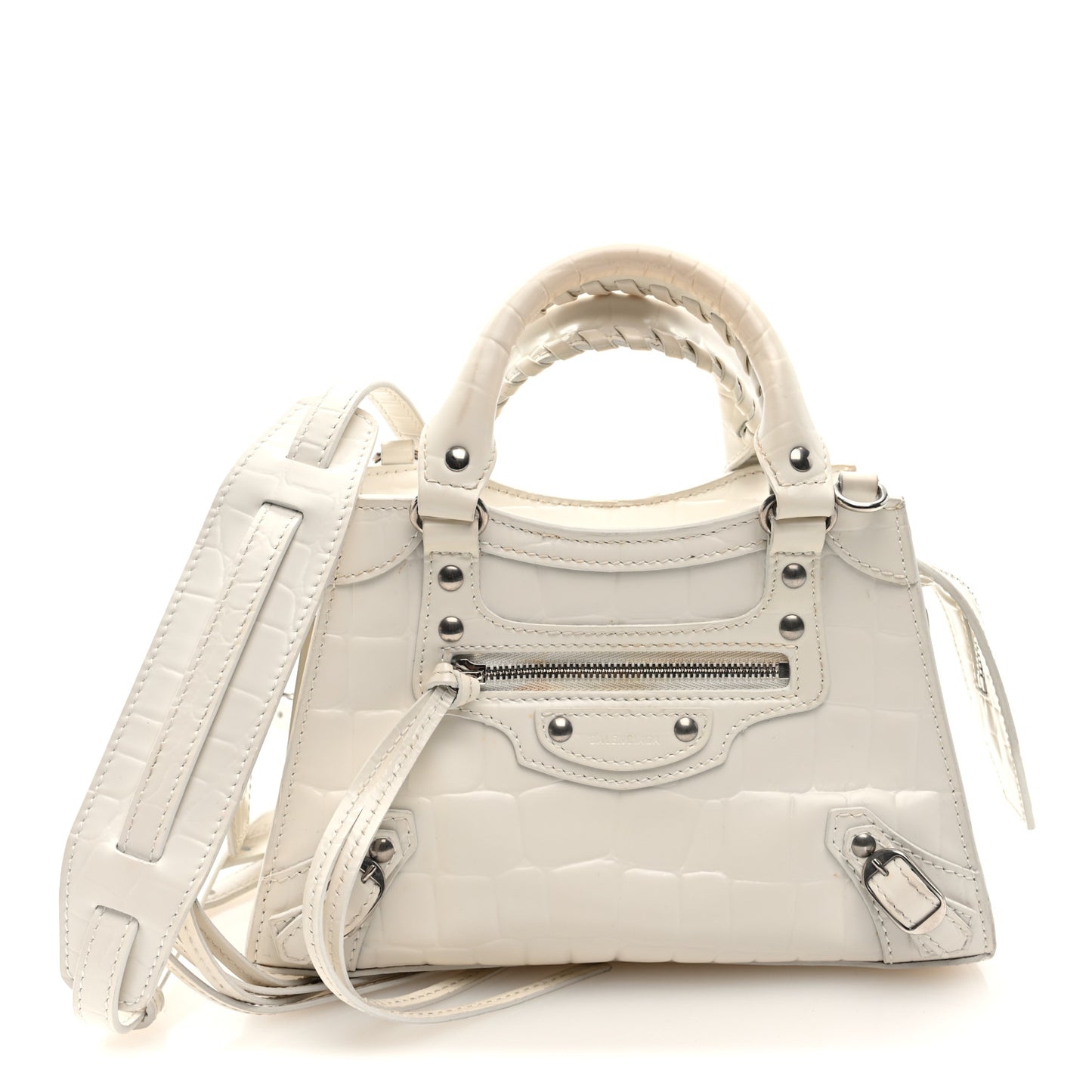 Semi Shiny Calfskin Crocodile Embossed Neo Classic Silver Hardware Mini City White