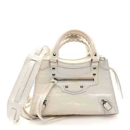 Balenciaga Semi Shiny Calfskin Crocodile Embossed Neo Classic Silver Hardware Mini City White 1 of 10