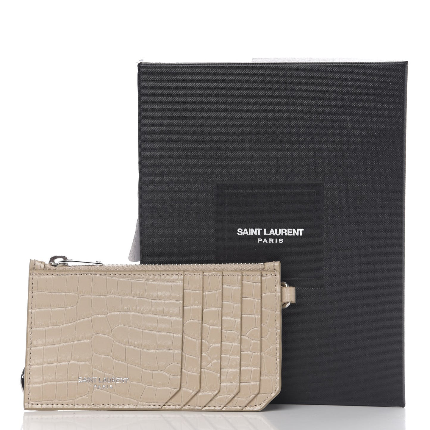 Calfskin Crocodile Embossed 5 Fragments Zip Pouch Card Holder Beige