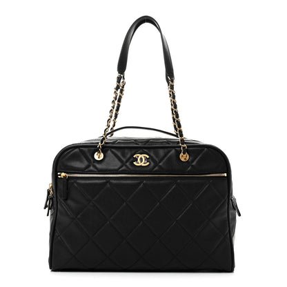Chanel Shiny Grained Calfskin Quilted Travel Bowling Bag Black 1 of 10