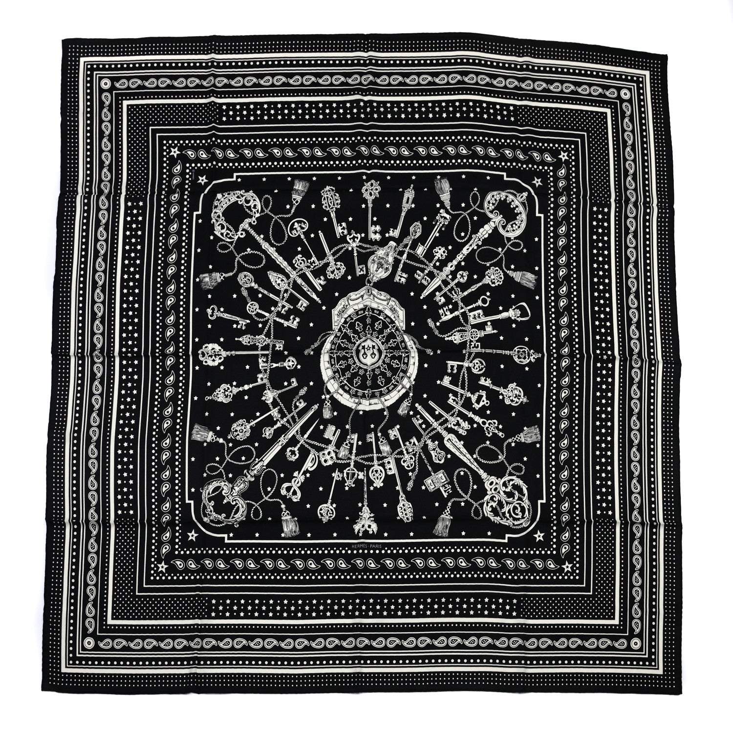 Hermes Cashmere Silk Les Cles Bandana Shawl 140 Black White 1 of 8