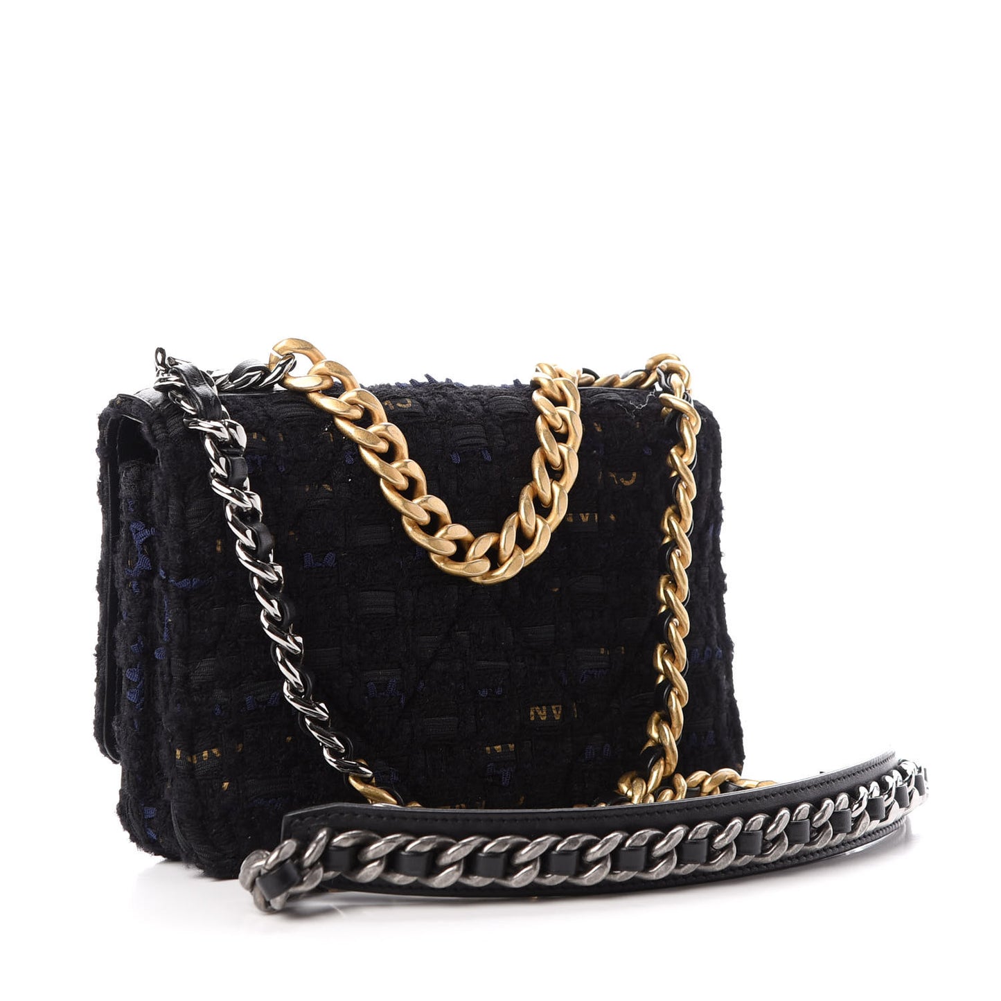 Tweed Quilted Chanel 19 Wallet On Chain WOC Black Navy Gold
