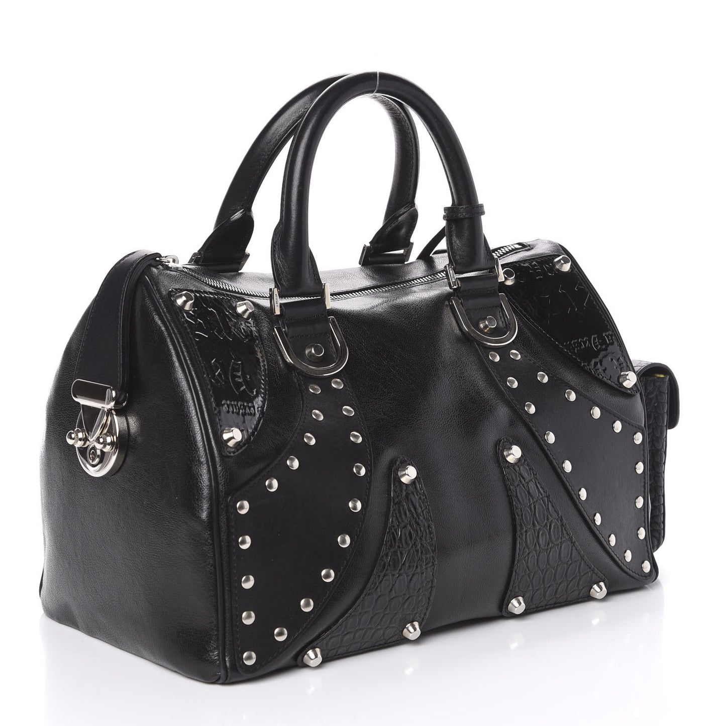 Crocodile Embossed Calfskin Studded DV Satchel Black