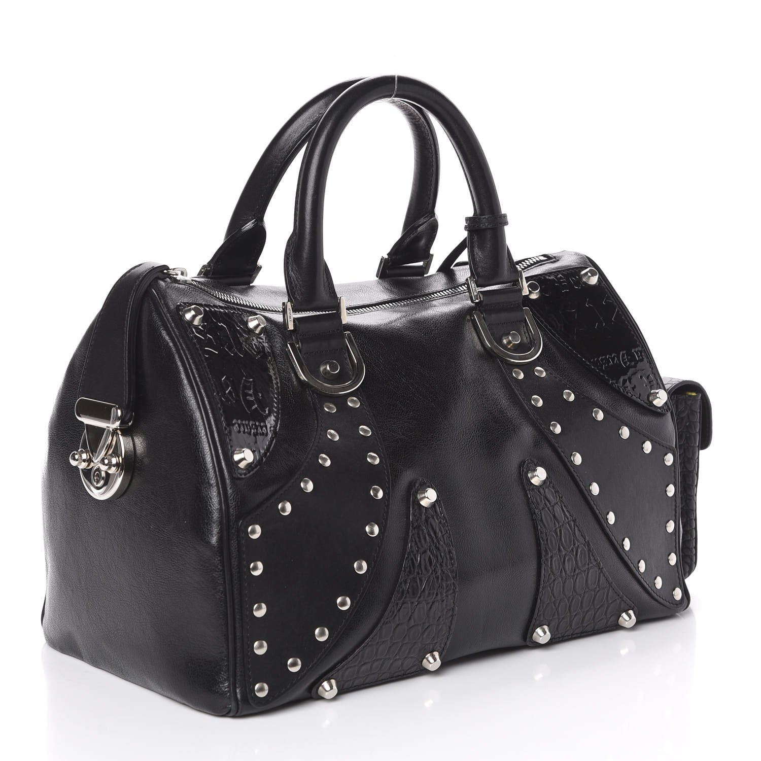 Versace Crocodile Embossed Calfskin Studded DV Satchel Black 2 of 10