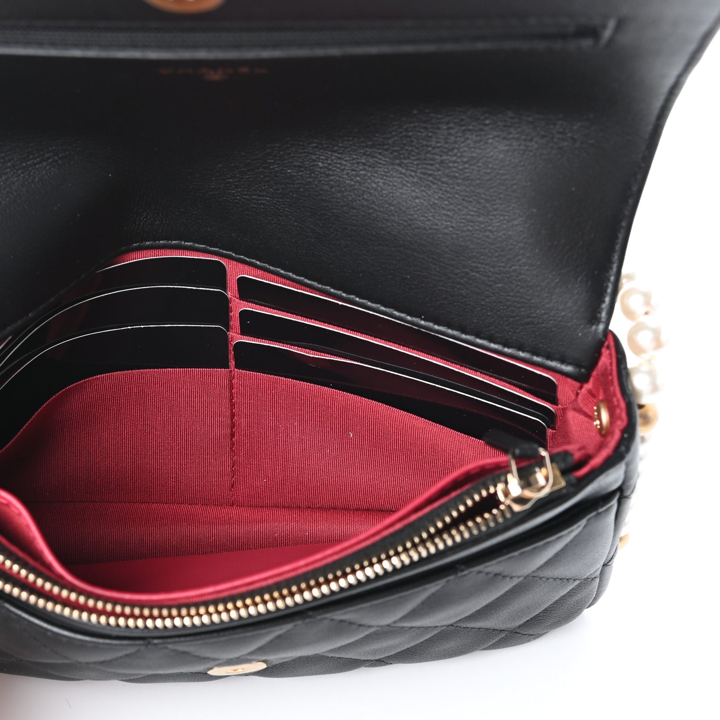 Calfskin Quilted Pearl Wallet On Chain WOC Black
