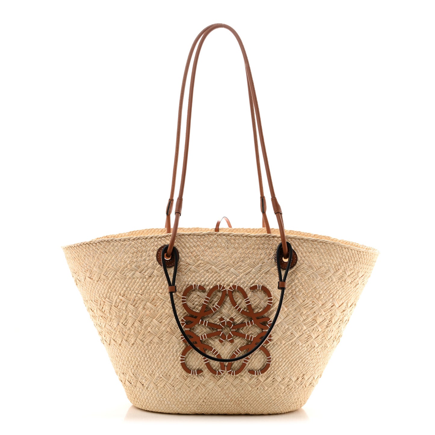 Calfskin Raffia Paulas Ibiza Medium Anagram Basket Tote Bag Natural Tan