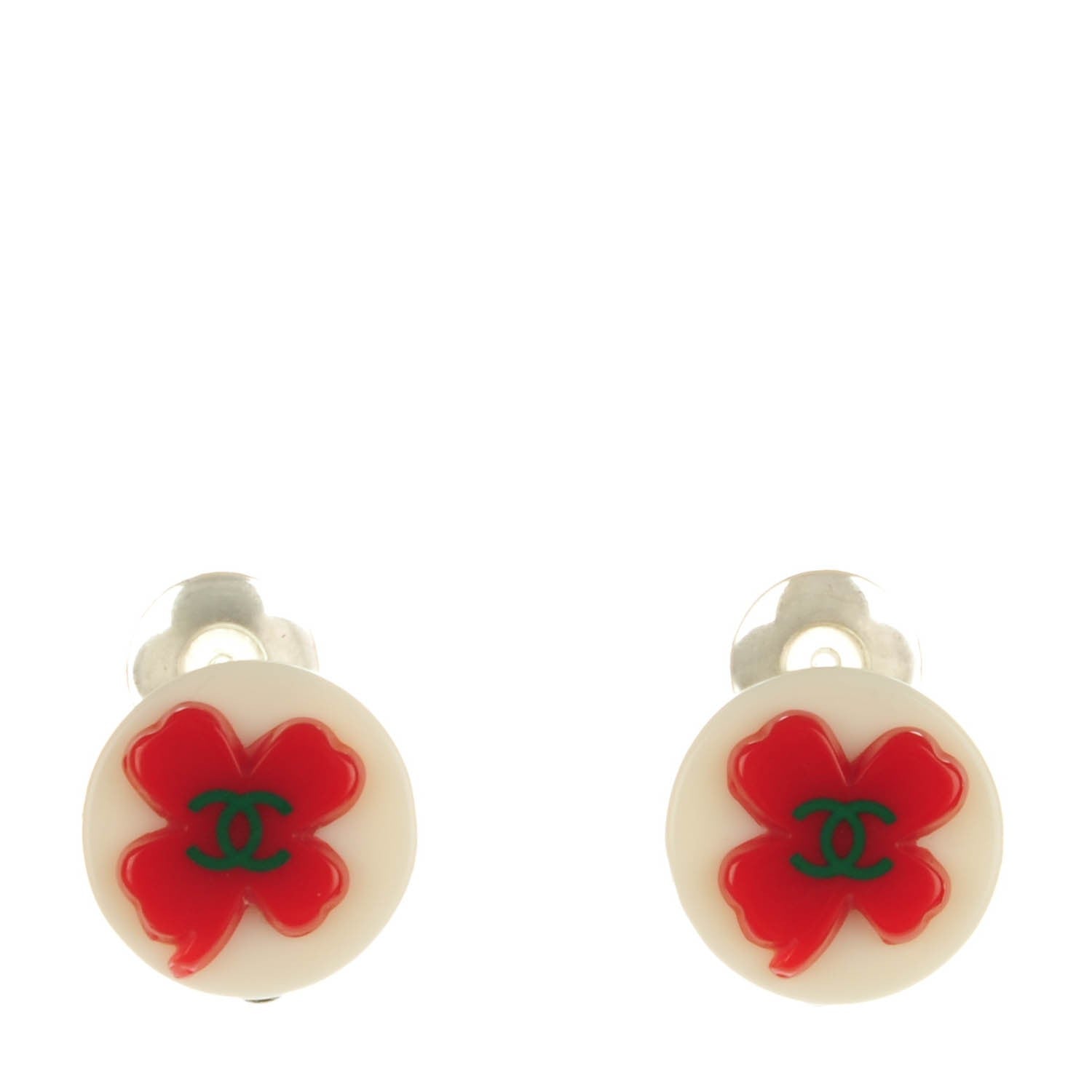 Chanel Resin CC Clover Clip On Earrings Red White 1 of 4