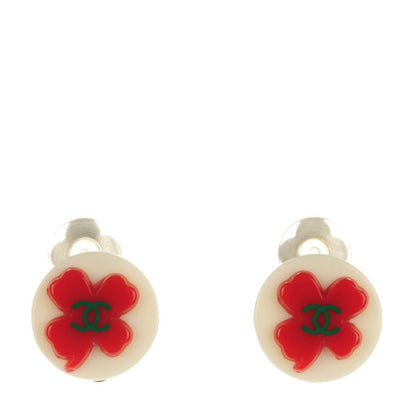 Chanel Resin CC Clover Clip On Earrings Red White 1 of 4