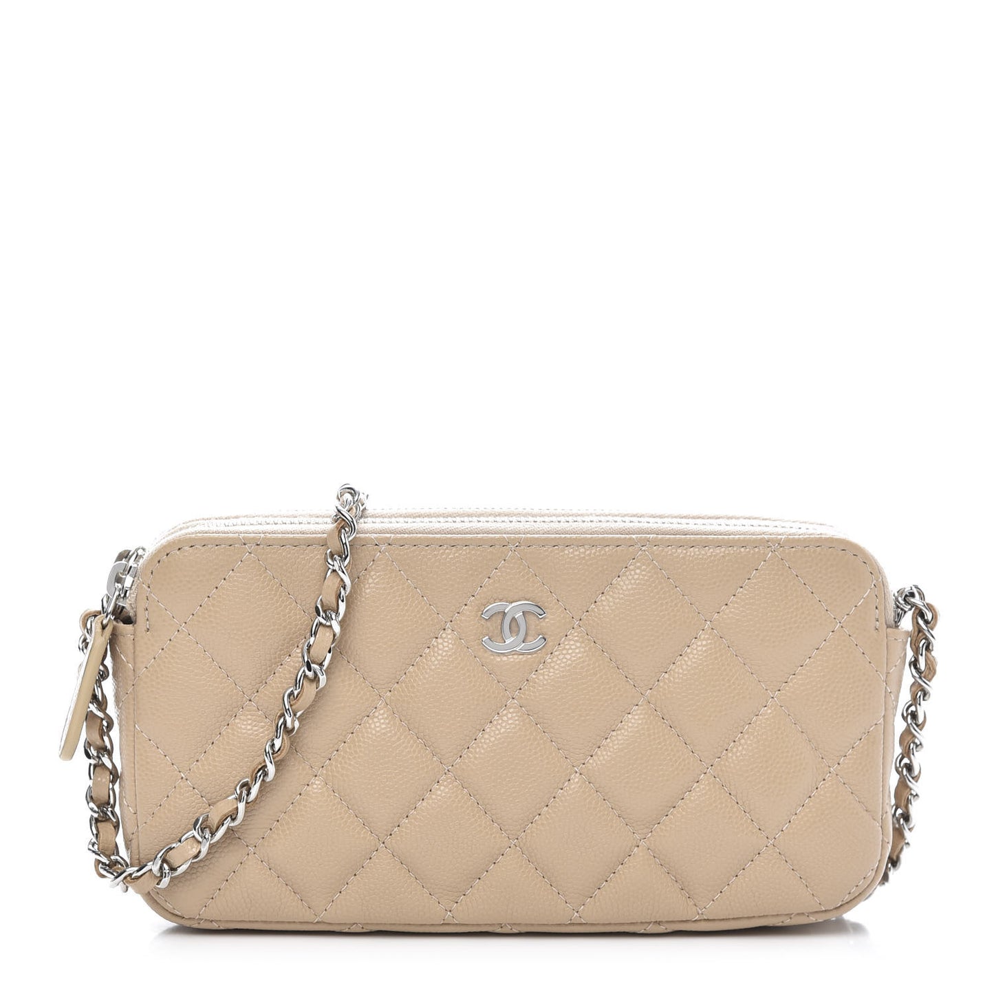 Caviar Quilted Small Clutch With Chain Beige