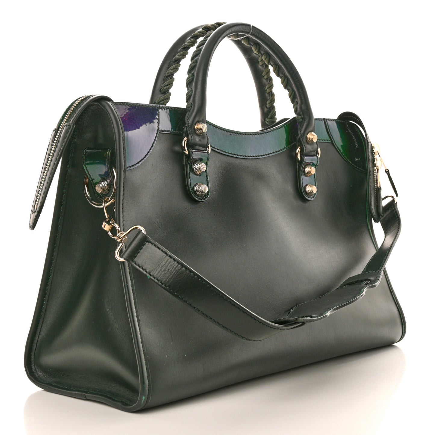 Smooth Calfskin Metallic Patent Giant 12 Silver Hardware City Vert Poker Fonce