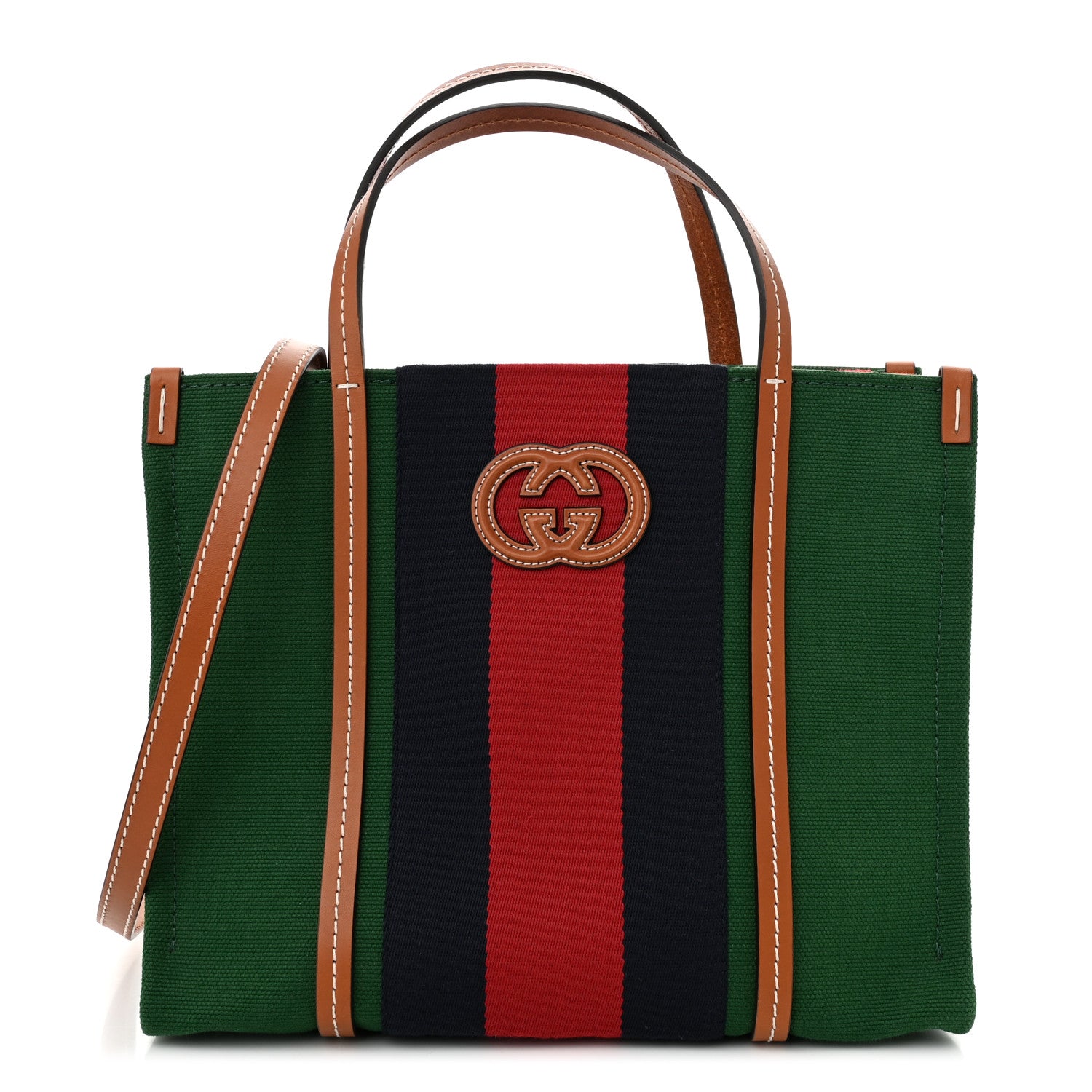 Gucci Canvas Calfskin Web Small Interlocking G Tote Bag Green Red 1 of 10