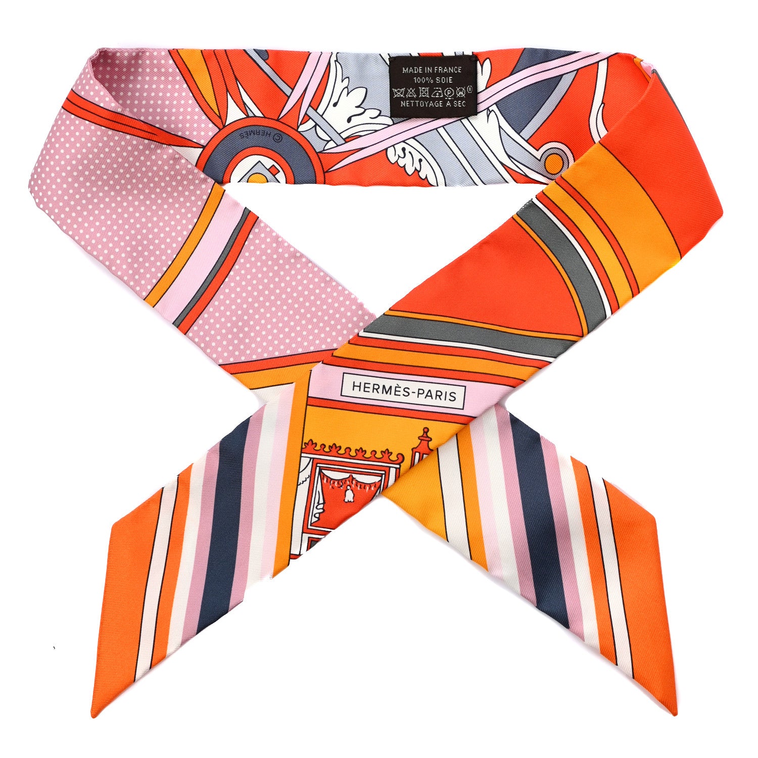 Hermes Silk Faubourg Rainbow Twilly Orange Rose Gris 1 of 4