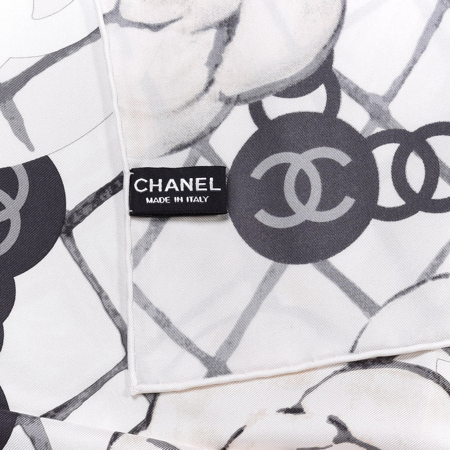 Silk CC Logo Camellia Scarf White Black