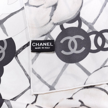 Chanel Silk CC Logo Camellia Scarf White Black 3 of 3
