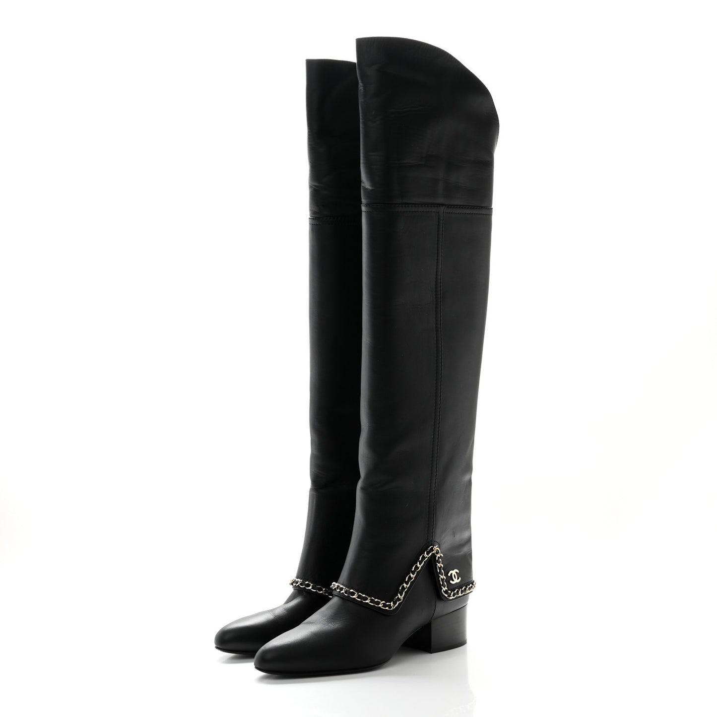 Calfskin Knee High Chain Boots 39 Black
