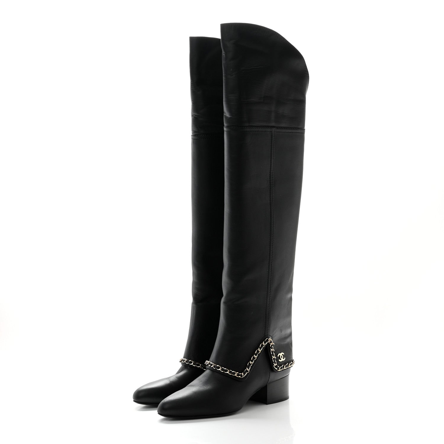 Chanel Calfskin Knee High Chain Boots 39 Black 3 of 18