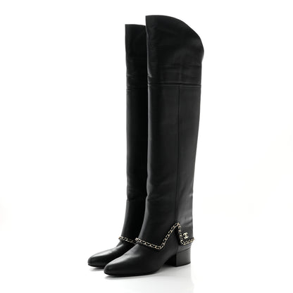 Chanel Calfskin Knee High Chain Boots 39 Black 3 of 18