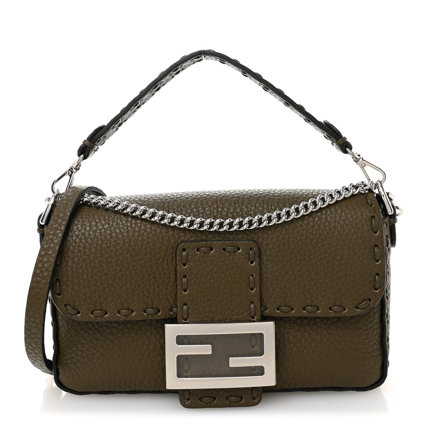 Fendi Cuoio Roma Sellerissima Nappa Sintetica Tape Stitch Mini Baguette Argento 1 of 10