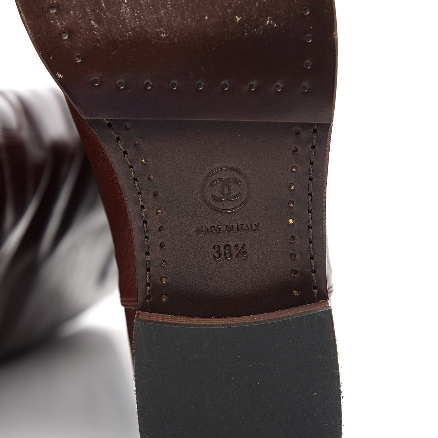 Chanel Aged Glazed Calfskin Grosgrain Knee High CC Boots 38.5 Brown Black 6 of 10