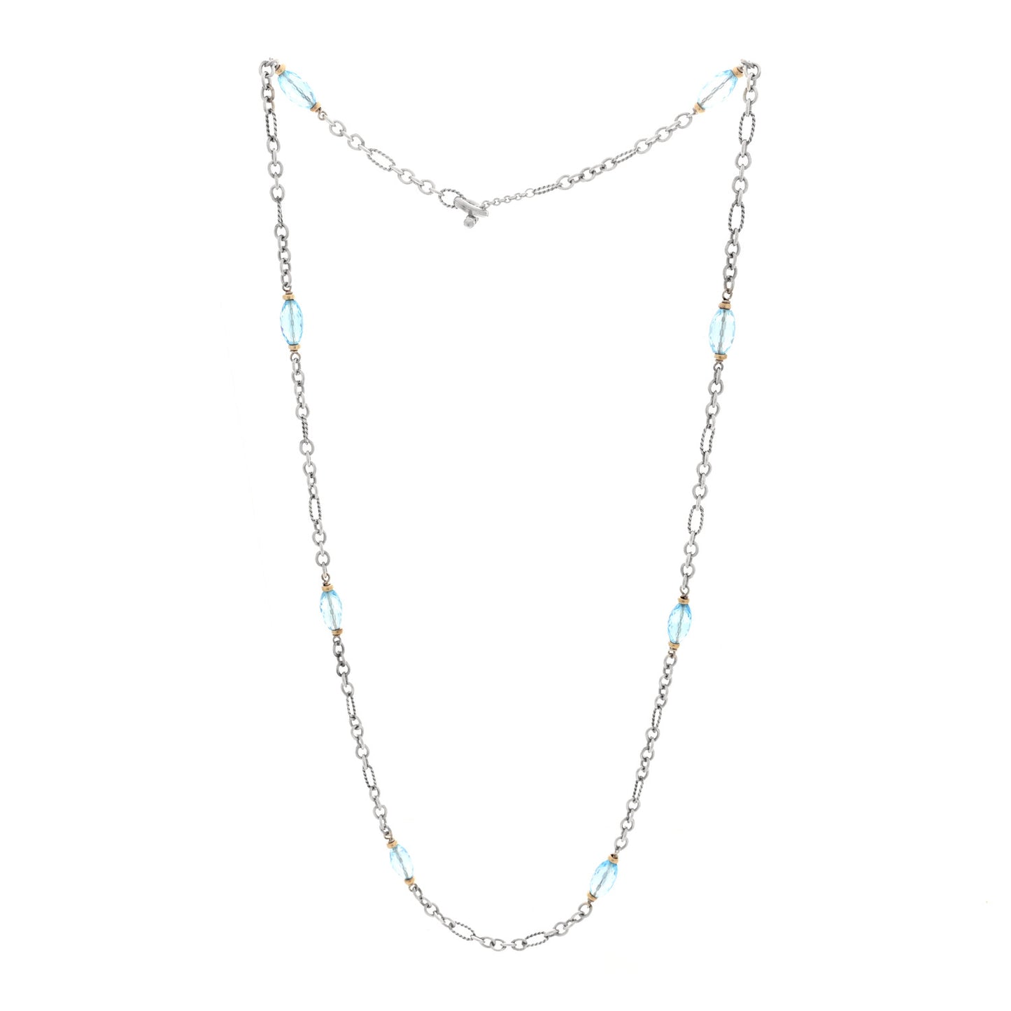 Sterling Silver 18K Yellow Gold Diamond Blue Topaz Figaro Chain Necklace