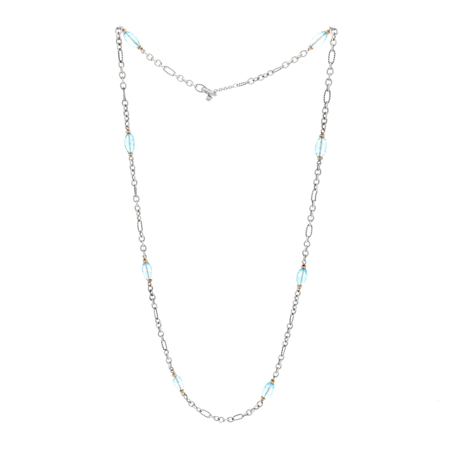 David Yurman Sterling Silver 18K Yellow Gold Diamond Blue Topaz Figaro Chain Necklace 3 of 4
