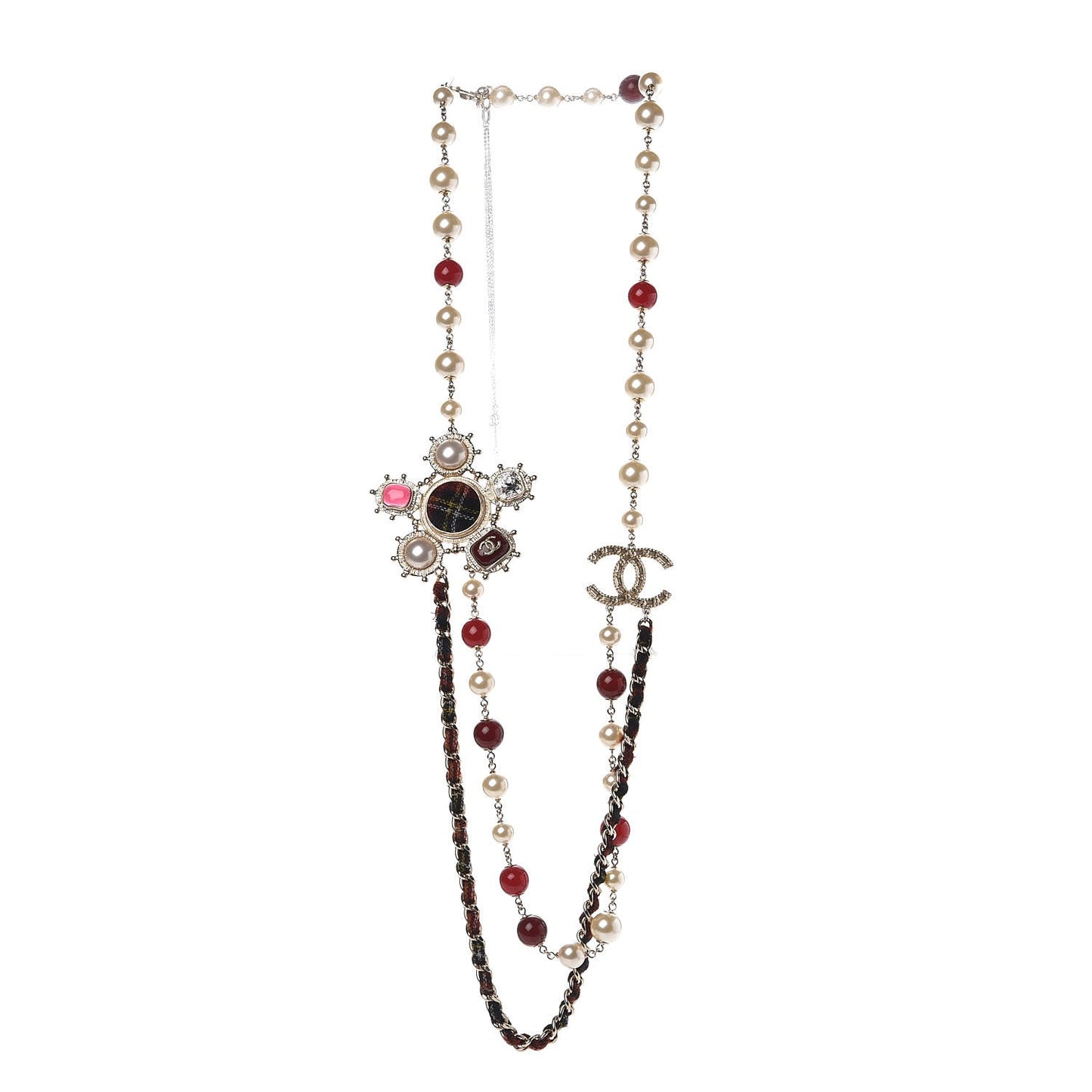 Gripoix Crystal Pearl Tweed Medallion Necklace Gold
