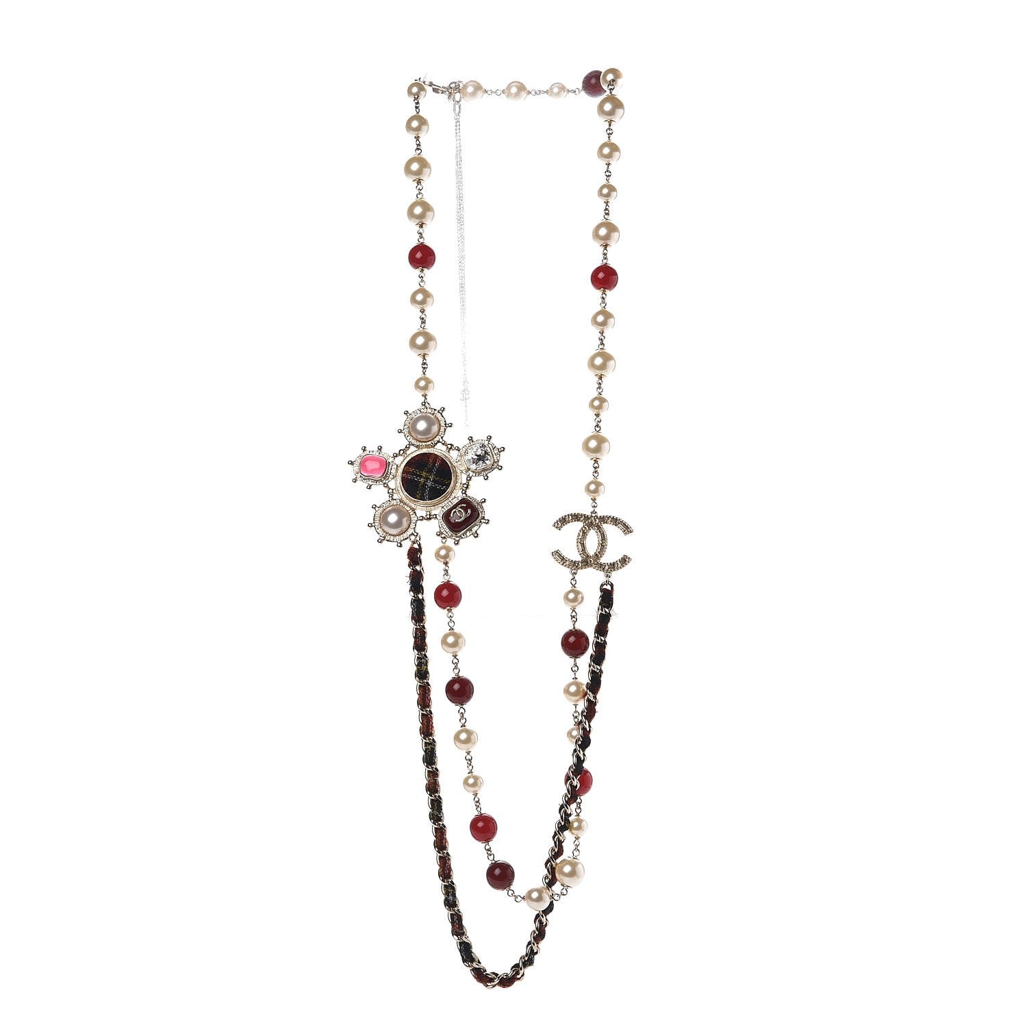 Chanel Gripoix Crystal Pearl Tweed Medallion Necklace Gold 3 of 5