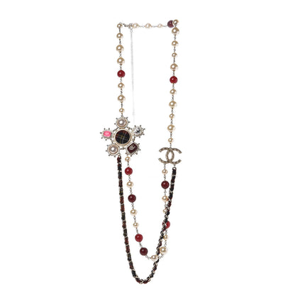 Chanel Gripoix Crystal Pearl Tweed Medallion Necklace Gold 3 of 5