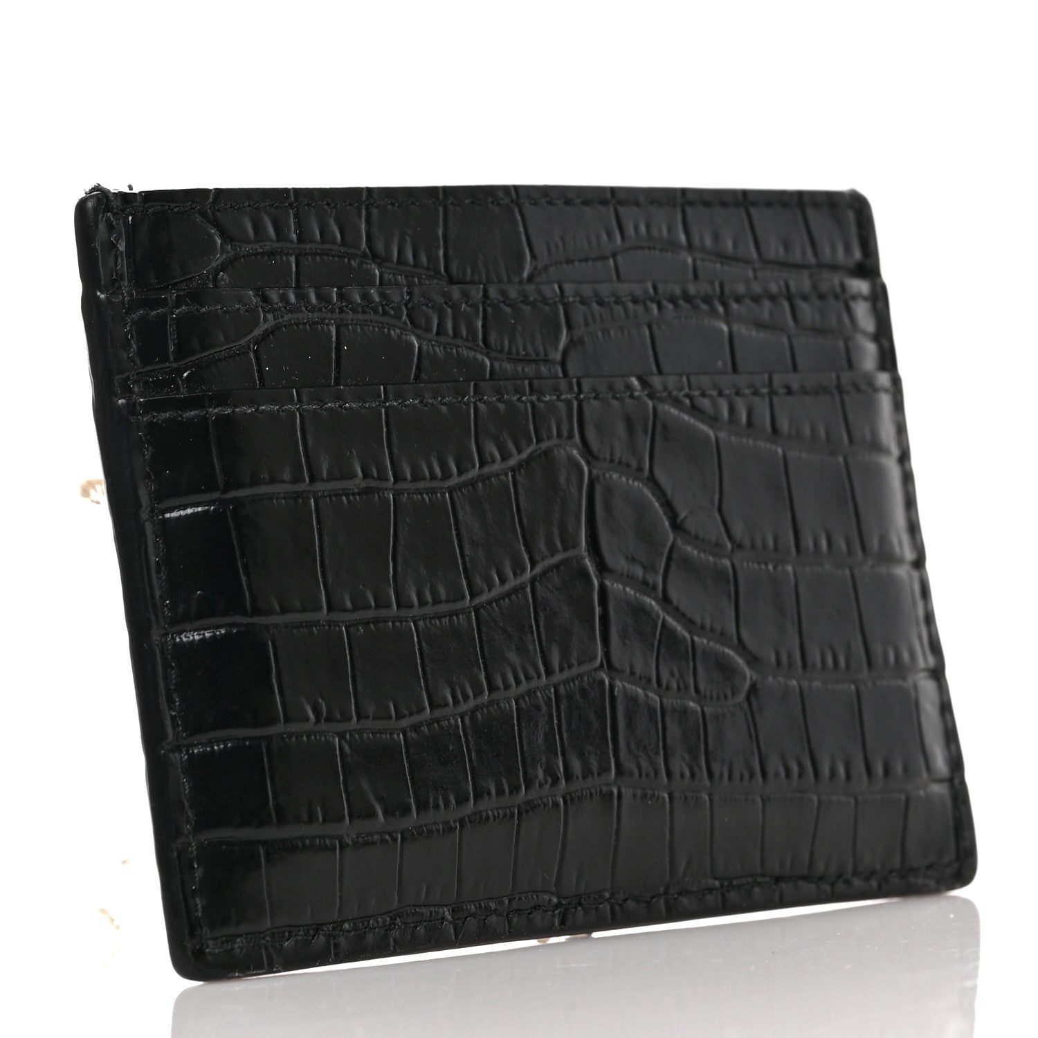 Saint Laurent Calfskin Crocodile Embossed Monogram Credit Card Case Black 3 of 6