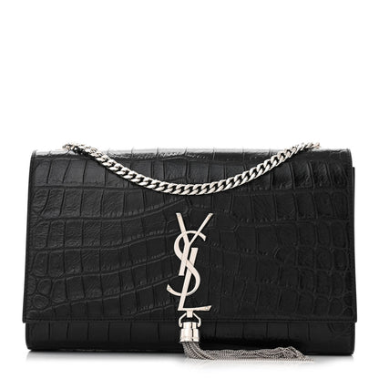Saint Laurent Calfskin Crocodile Embossed Medium Classic Monogram Kate Tassel Satchel Black 1 of 9