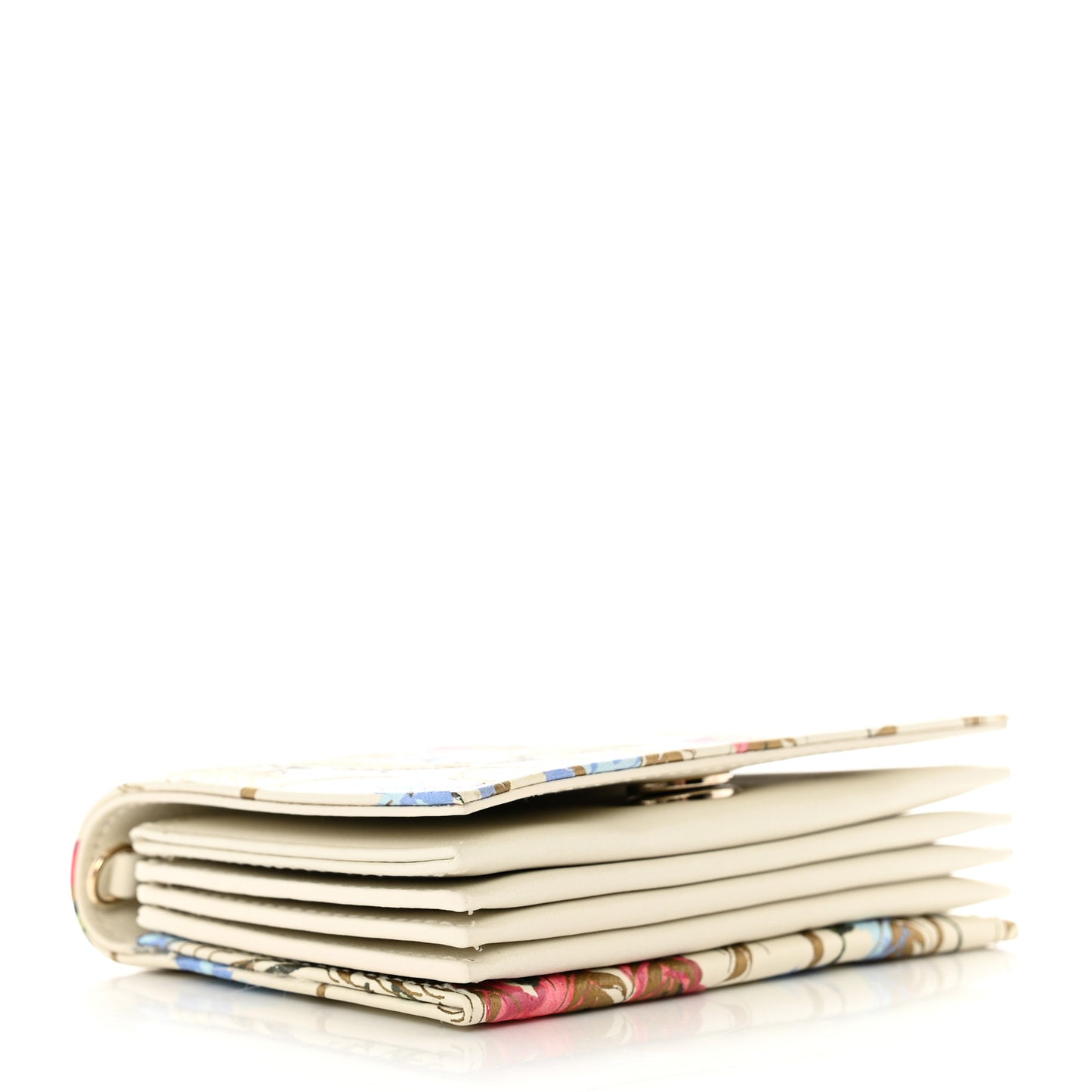 Calfskin Hibiscus Printed Gusseted Card Holder Chain Beige Multicolor