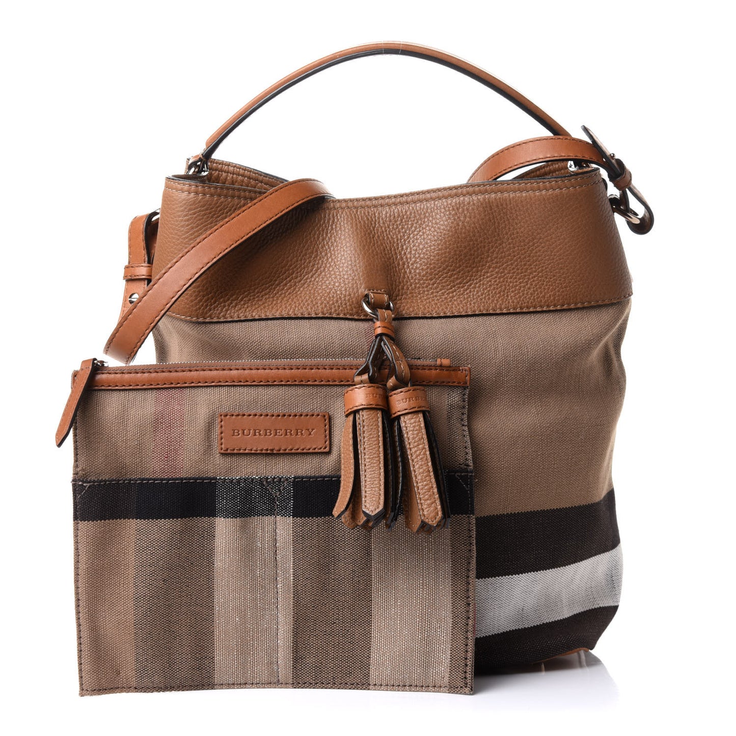Grainy Calfskin Canvas Mega Check Medium Ashby Tassel Hobo Saddle Brown